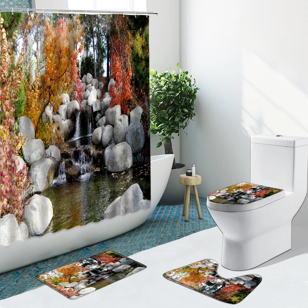 

Waterfall Landscape Shower Curtain Mountain River Forest Non-Slip Rugs Flannel Toilet Cover Bathroom Set Bath Mat Decor Washable