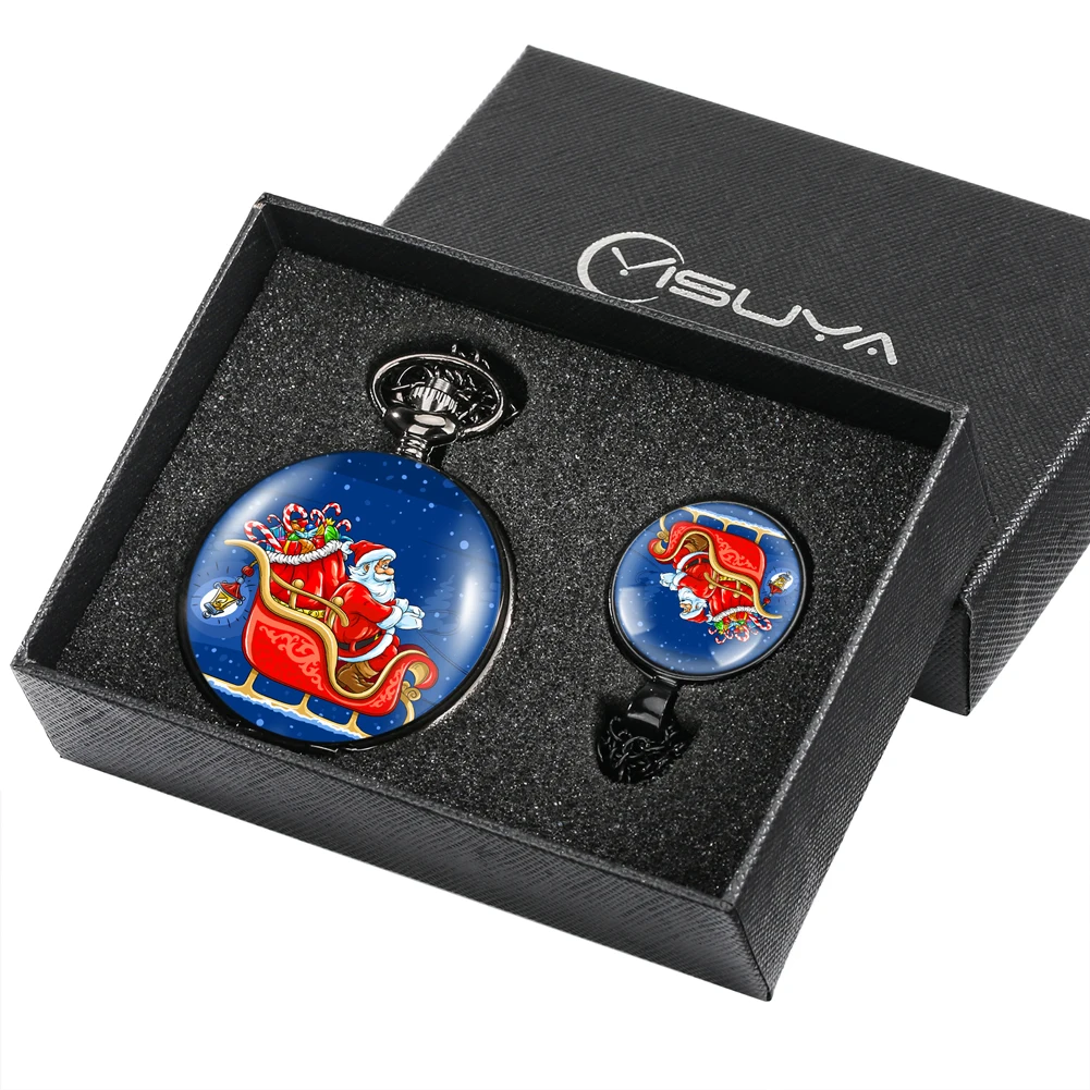 Santa Theme 2021 Pocket Watch Women's Cute Quartz Pocket Clock Men's Alloy Pendant Necklace Exquisite Gifts Box for Son Child