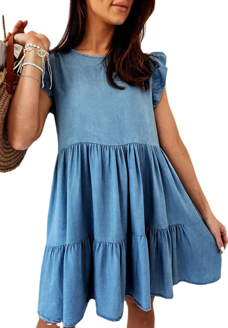 

2021 Fashion Summer Round Neck Ruffle Short Sleeve Loose New Cowgirl Dress
