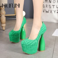 niufuni strange green thick high heels 16cm round head platform towel fabric women shoes gladiator autumn womens pumps shoes