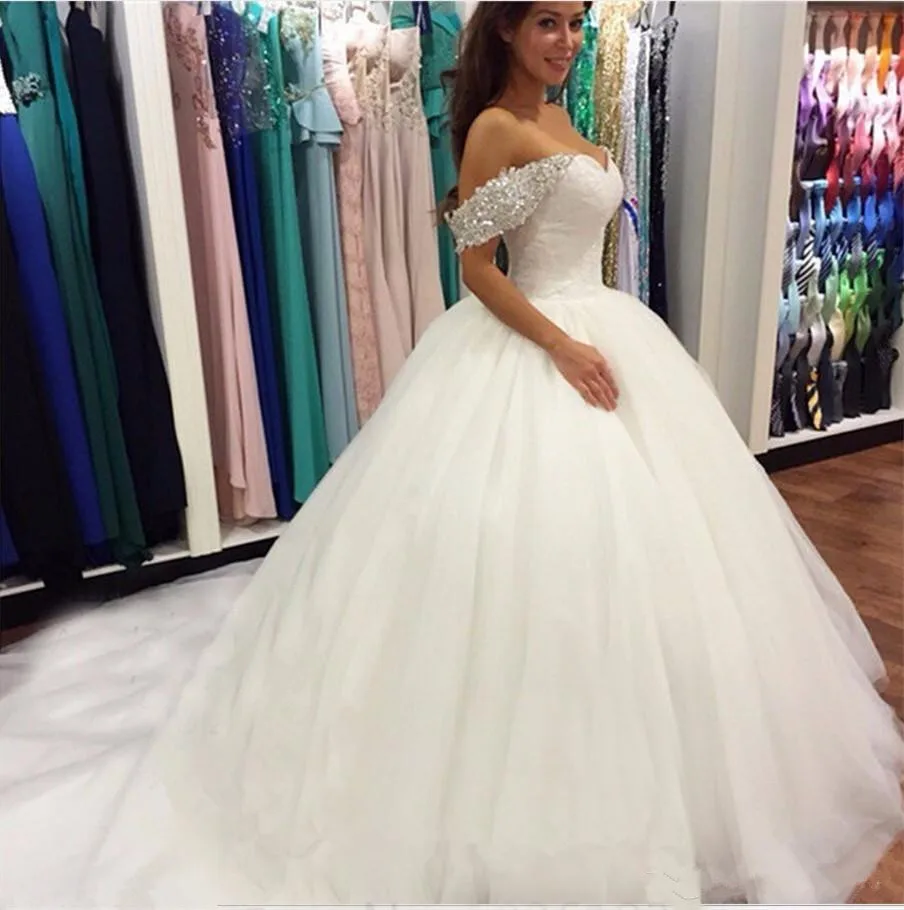 

New Beads Crystal Off the Shoulder Ball Gowns Wedding Dresses Sweetheart Lace White Puffy Wedding Gowns Plus Size Bridal Gowns