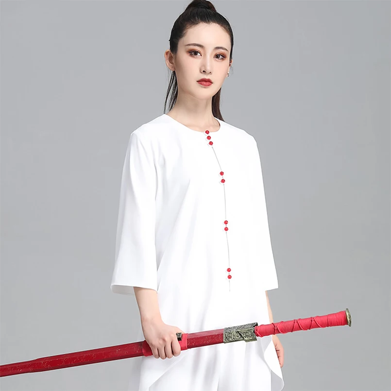 Китайская традиционная одежда для женщин летняя тай чи с коротким рукавом белый