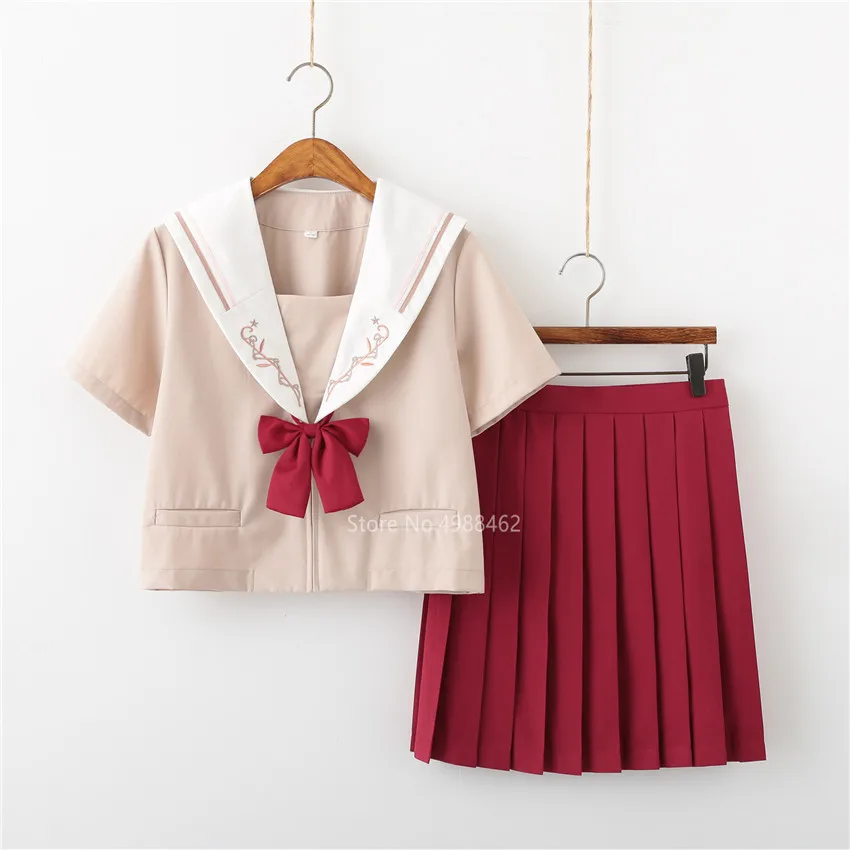 

Jk Unifrom for Japanese Student High School Girls Kawaii Embroidery Suit Red Sailor Suit Pleated Skirt Dress Set Korean Outfit
