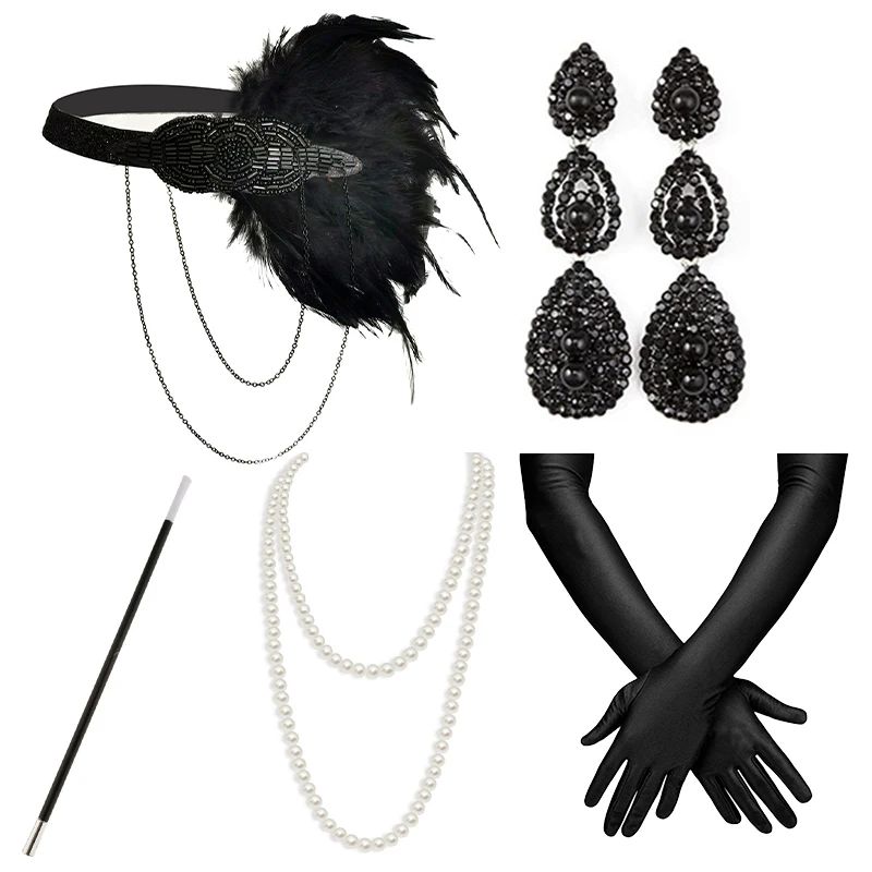 

1920s Vintage Style Women's Party Bachelor Party Jewelry Set Black Set Tassel Feather Headband Five Piece Set