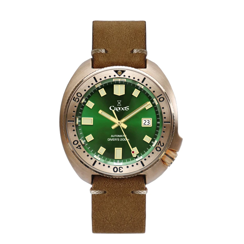 

CRONOS Bronze Turtle Diving Men's Watch Sapphire Crystal Dial Automatic PT5000 SW200 Rotating Bezel Leather Strap Copper 20ATM