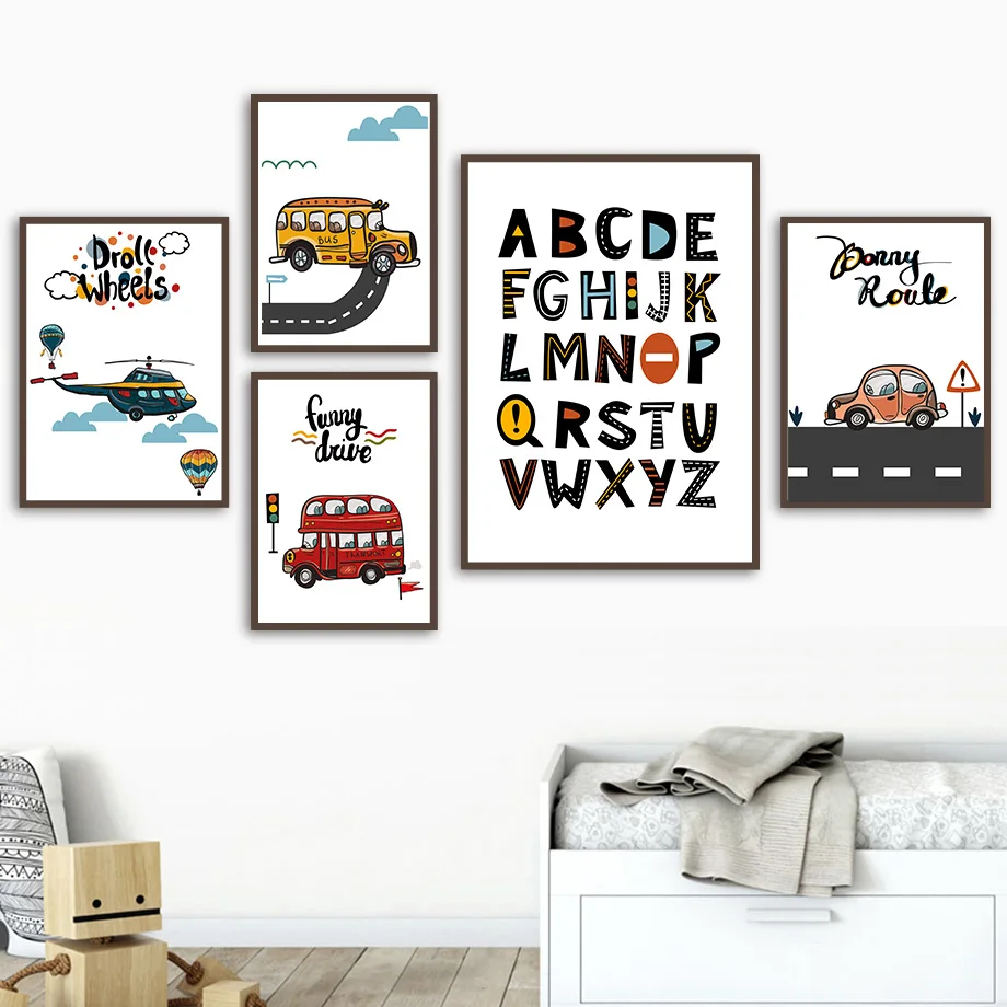 

Alphabet Boat Car Bus Airplane Nursery Cartoon Nordic Posters And Prints Wall Art Canvas Painting Wall Pictures Kids Room Decor