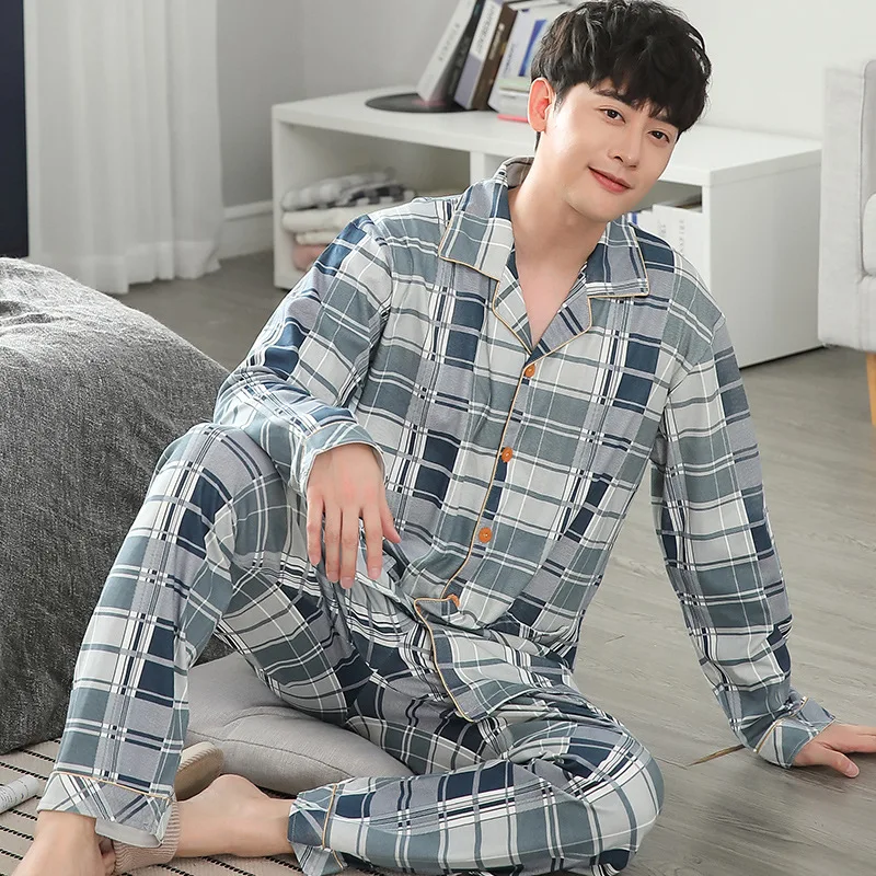 

Male Cardigan Oversize 4XL Long Sleeves Turn-Down Collar Pajamas Suits 2PCs Spring Autumn Cotton Winter Breathe Freely Homewear