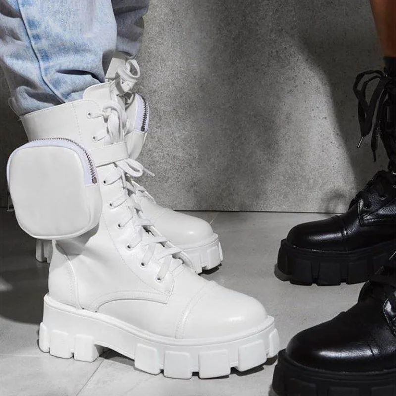 

Chunky Boots Fashion Pocket Platform Boots Women Lace Up Ankle Boots Female Sole Pouch Ankle Boots Women Plus Size Botas Mujer