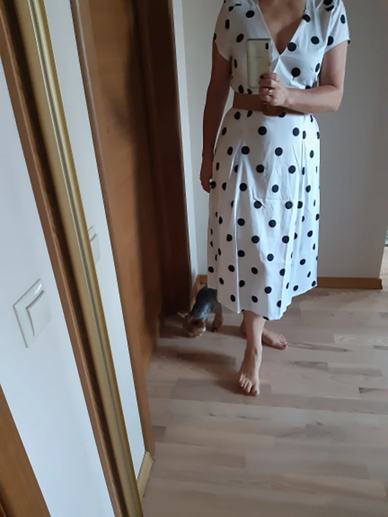 

Summer Women Dress Fashion Polka Dot Long Party Sexy Deep V-neck 2021 Elegant Clothes White Short Sleeve Dresses For Women