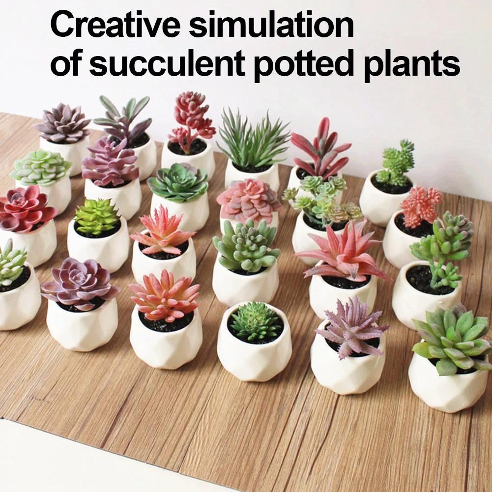 

4PCS Mini Potted Succulents Artificial Potted Succulent Plants Fake Imitation Plants With Geometric Pattern Ceramic Pots