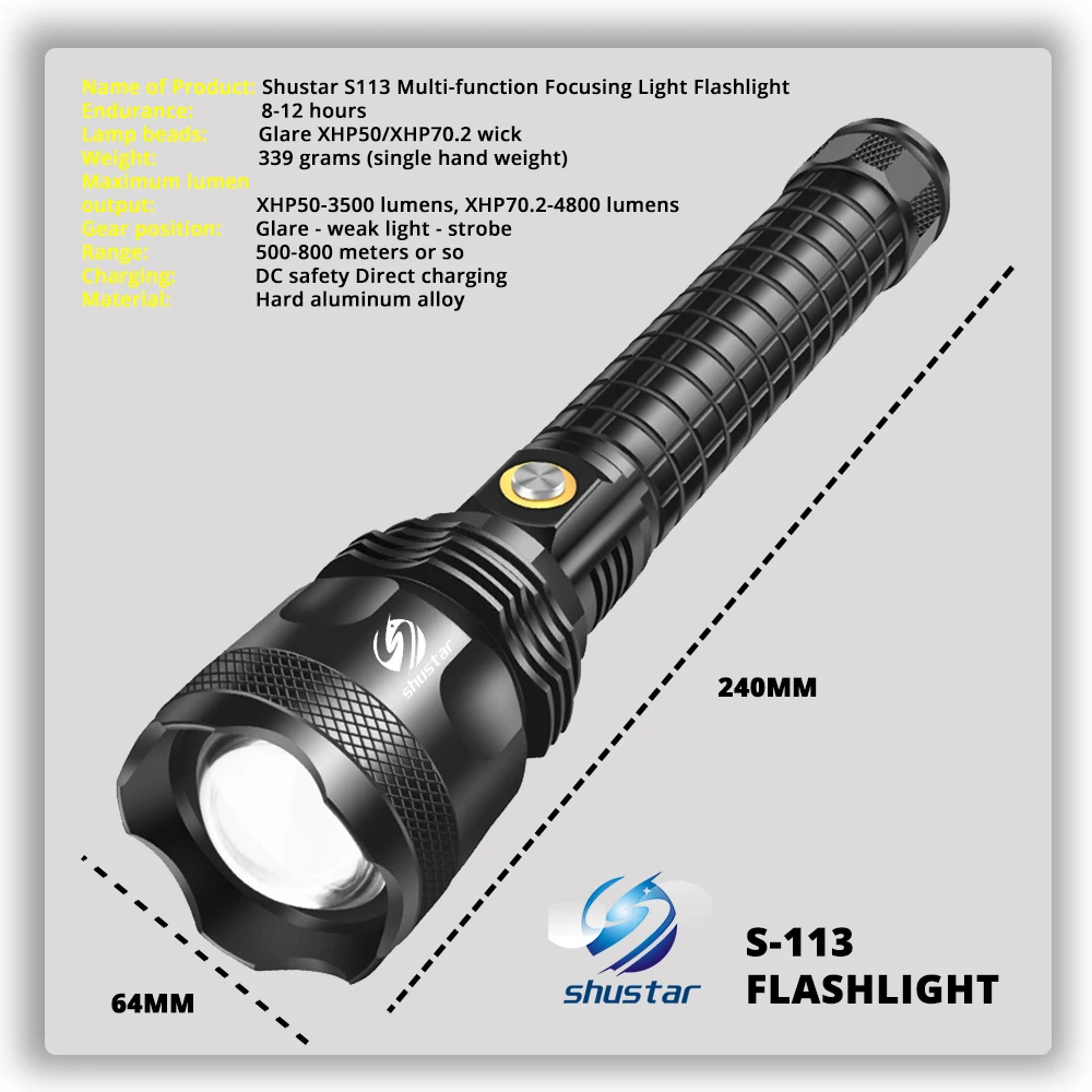 Online Linterna LED Potente S113, Con Cuentas De Lámpara XHP70.2, Táctica, Impermeable, Zoom Telescópico, 3 Modos De Iluminación, Por 26650