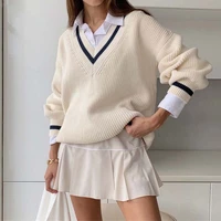 autumn v neck knitted sweater women long sleeve pullover women jumper ladies striped loose sweater white 2021