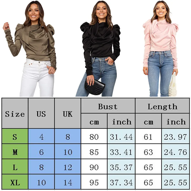 

Fashion Women Satin Tops Bow Neck Long Puff Sleeve Ladies Casual Outwear Blouse