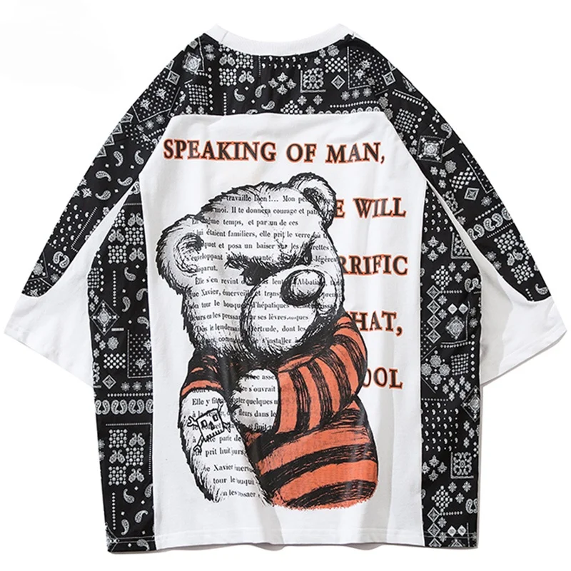

Hip Hop T Shirt Men Injured Letter Bear Printed Tops Tees Summer Retro Paisley Patchwork Fashion High Street Streetwear