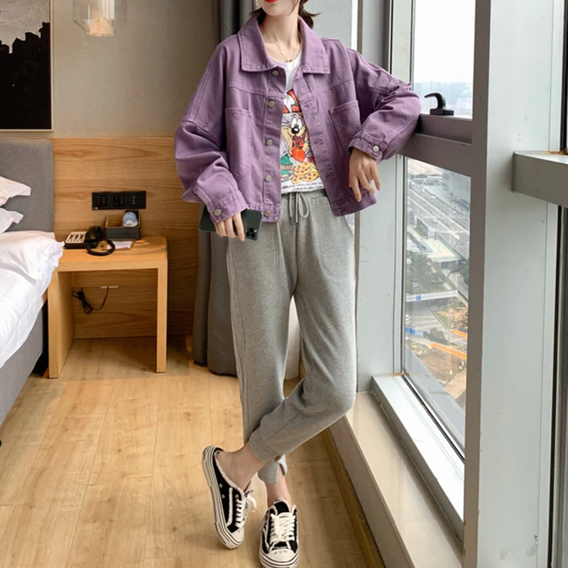 Однотонная джинсовая куртка с отложным воротником для женщин Свободные