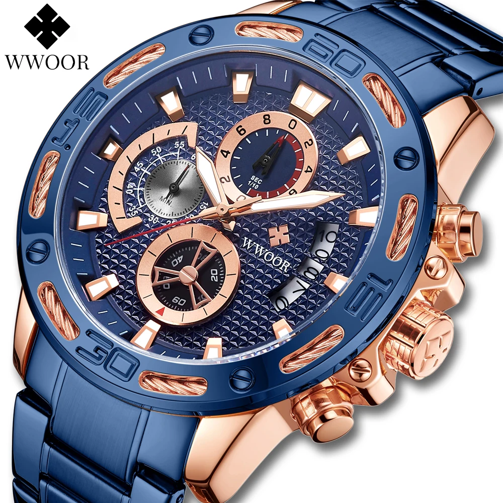 WWOOR Mens Watches Blue Big Dial 2021 New Luxury Stainless Steel Waterproof Chronograph Sports Quartz Watch For Men Reloj Hombre