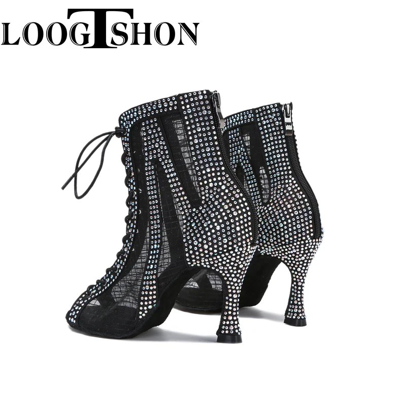 Loogtshon Women Latin Dance Shoes Skin Satin Shining Big small rhinestone dancing shoes Flare heel 9cm Narrow foot Adjust width