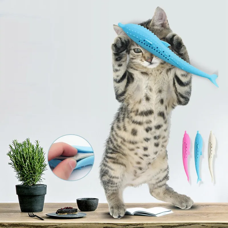 

Silicone Fish Shape Cat Toothbrush Teething Toy with Catnip Teeth Cleaning Brush Interactive Chew Toys