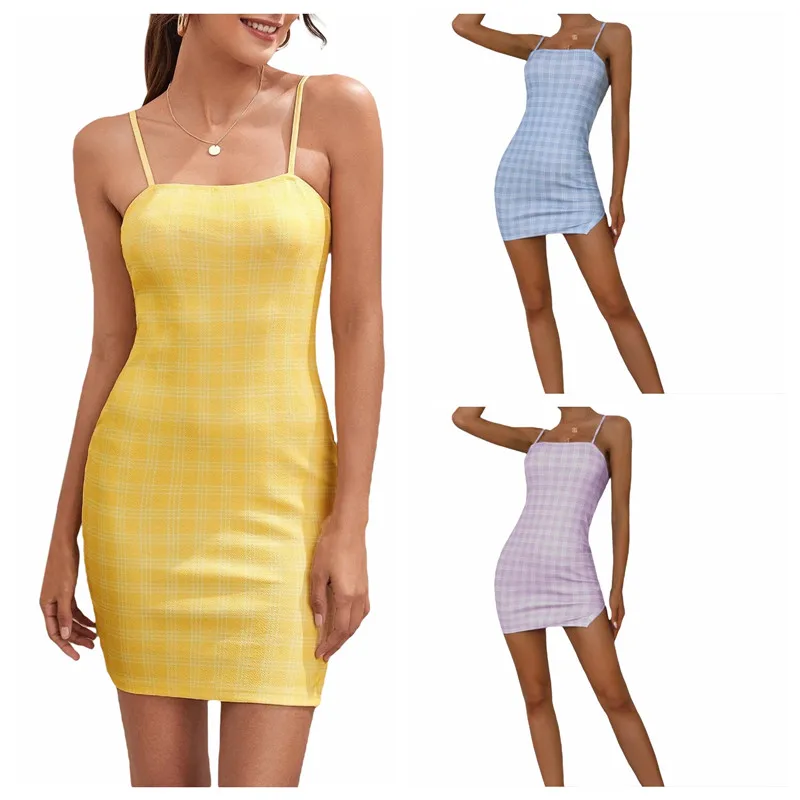 

Women Y2K Sexy Sleeveless Plaid Pattern Spaghetti Strap Side Split Dress 2021 Casual Beach Vacation Street Club Dress S-XL
