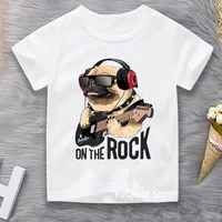 funny pug dog play guitar t shirt boys t shirts children hip hop rock tshirt summer kids clothing white casual short sleeve top