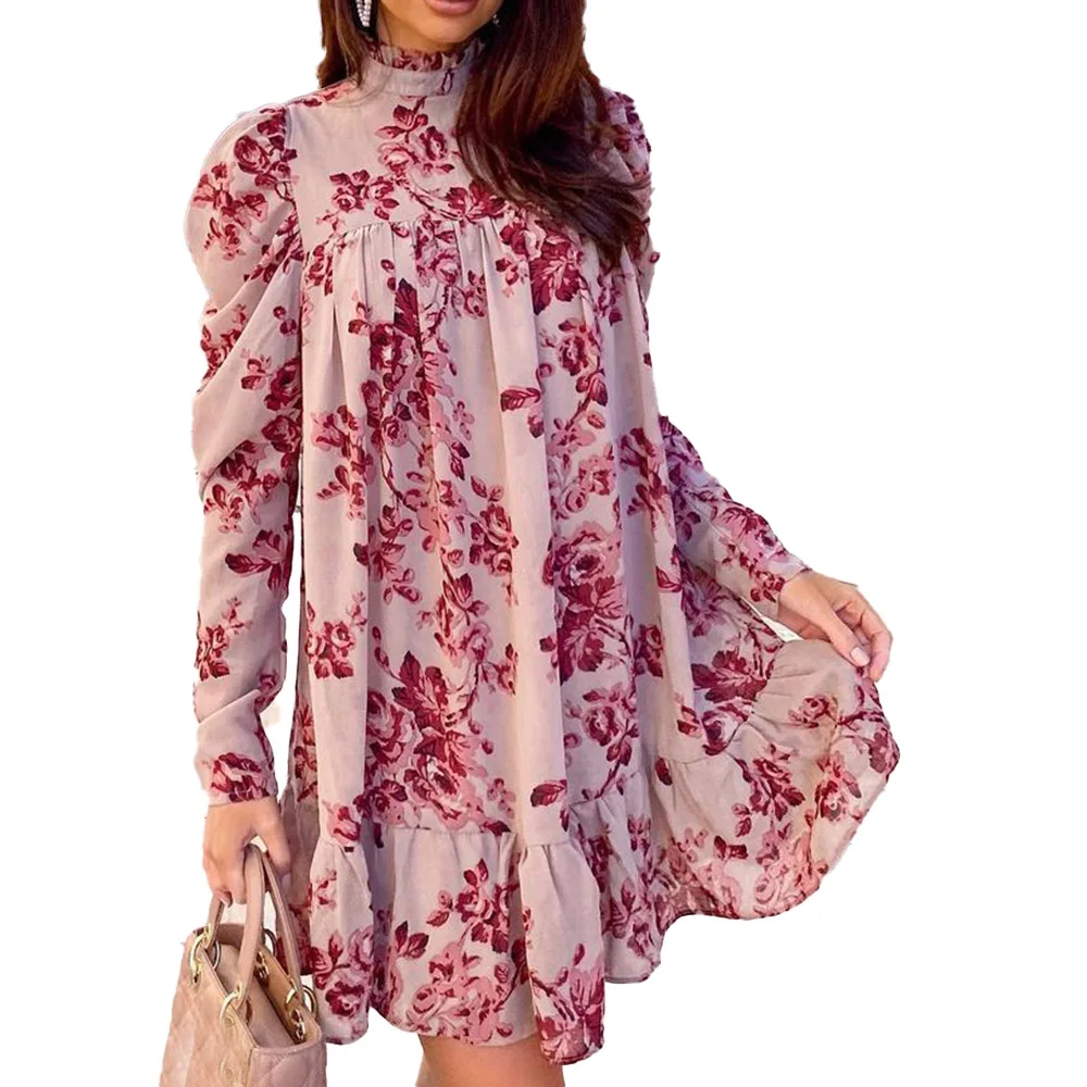

Western Style Ladies Dresses Spring Autumn Fashion Loose Casual African Oversize Temperament Printing Stand-up Collar