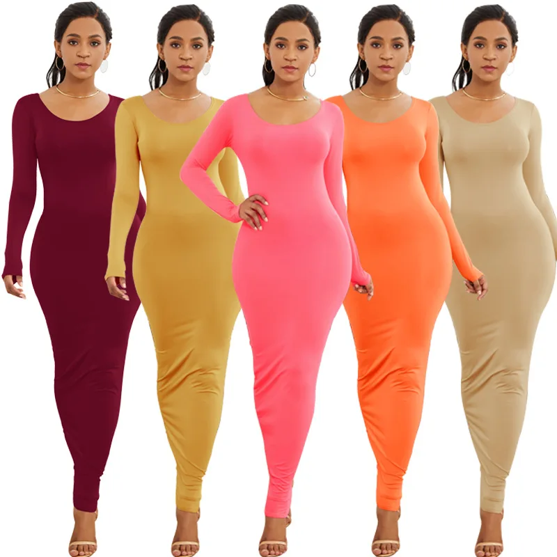 

Solid Color Round Neck Long Sleeve Patchwork Women Maxi Dress Elegant Style 2020 Autumn and Winter Office Lady Fashion Clothes