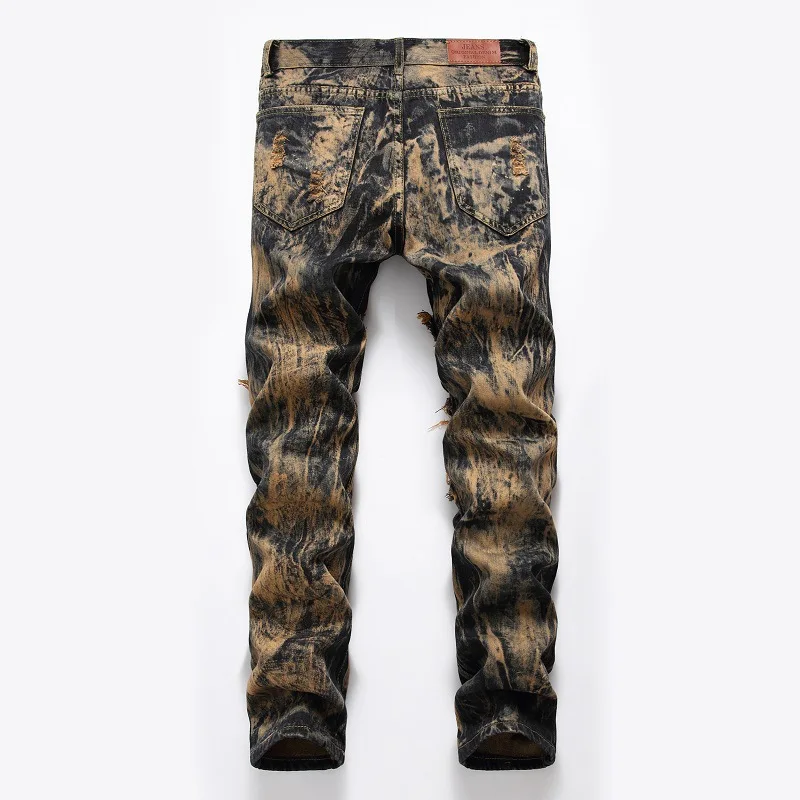 

Nice Pop Men Jeans Patchwork Spliced Ripped Denim Jeans Male Straight Slim Patch Beggar Hole Slim Pants Embroidered Jeans