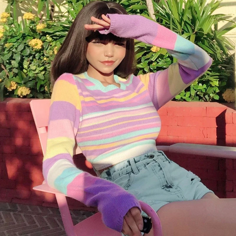 

Sweet Rainbow Stripe Woman Sweaters y2k Cropped Top Pullover Harajuku Knitted Kawaii Sweater Jumper Autumn 2021 Women's Clothing