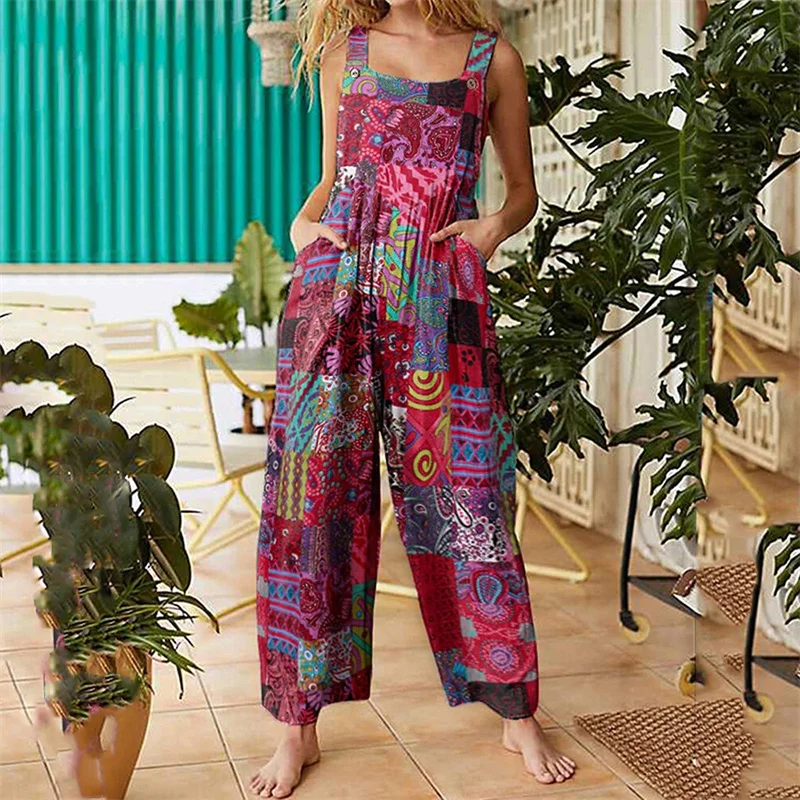 

Jumpsuit Ladies Sleeveless Casual Floral Print Elegant Women Summer Overalls New Lace Up Pocket Fashion Jumpsuit
