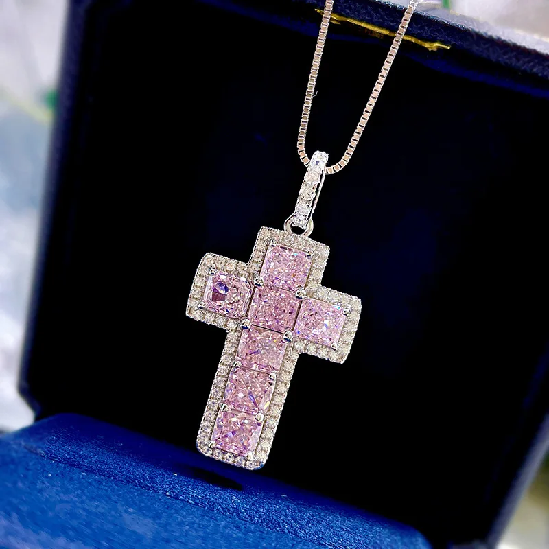 

S925 Sterling Silver Pink White High Carbon Diamond Cross Pendant Necklace For Women Sparkling Wedding Party Fine Jewelry Gifts