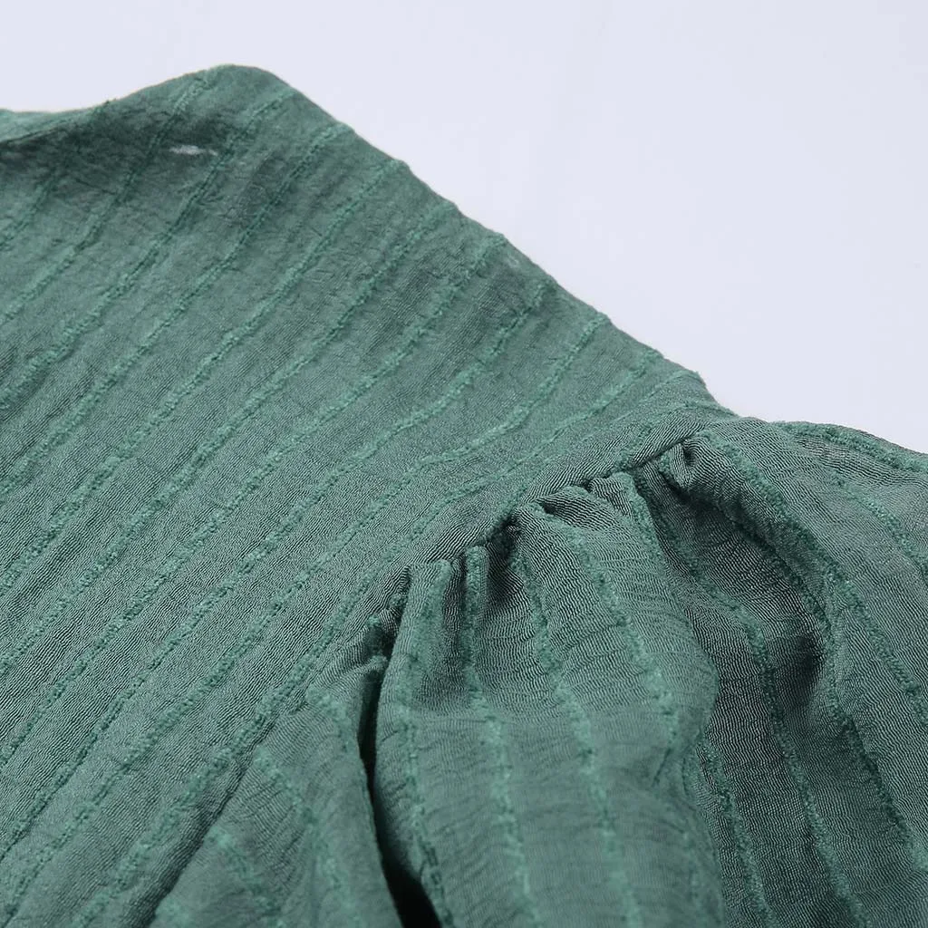 

Women Chiffon Blouses Nice Green Striped Shirt Elegant Office Lady Blouse VogueHalf Sleeve Ruffled Shirt Tops Chemise Femme