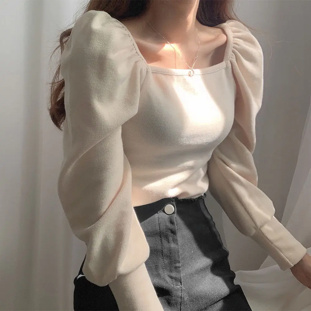 Neploe Autumn Winter Bottom Pull Femme Vintage Square Collar Pullover Knitwear Women Puff Sleeve Solid Slim Knitted Tops 55236