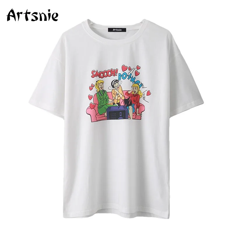 

Artsnie white cartoon print t shirt women summer o neck short sleeve tops femme streetwear casual oversized cotton t-shirt