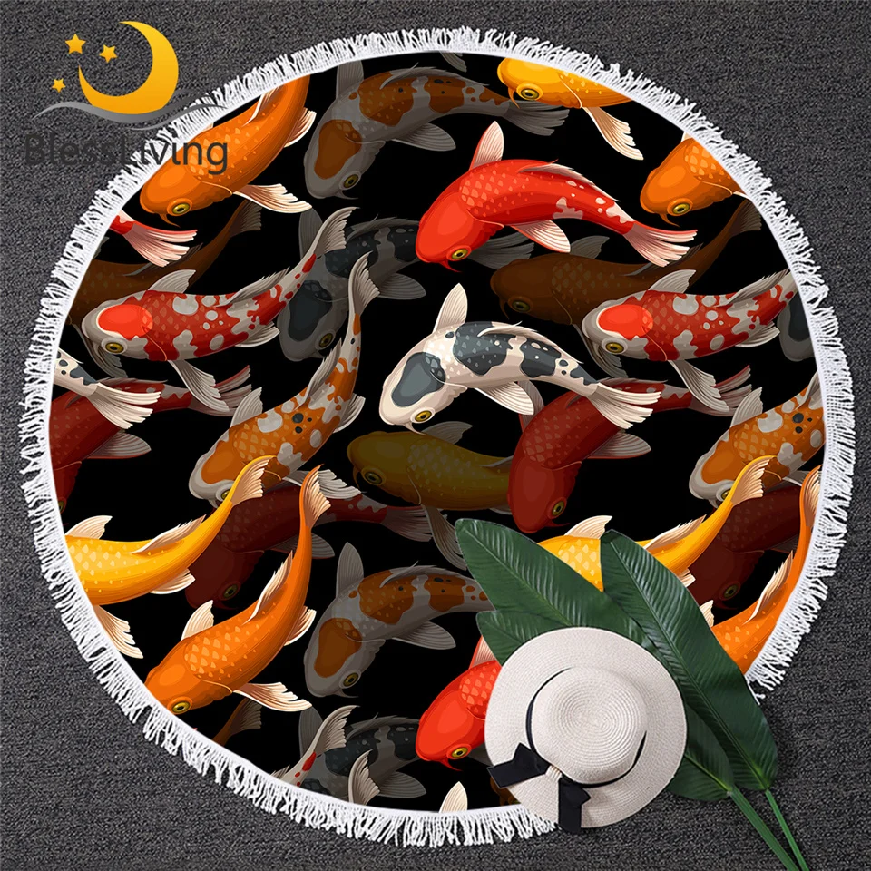 

BlessLiving Koi Carps Beach Towels For Adults Red Golden Lucky Fish Bath Towel Colorful Tapestry Auspicious Round Towel Toalla