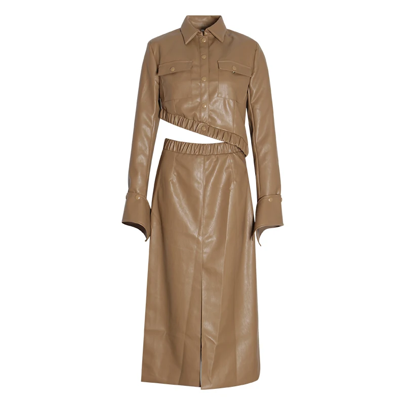 Комплект из двух предметов Женская ассиметричная кожаная куртка + разрез | одежда