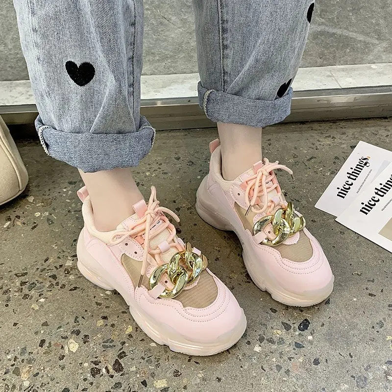

Chunky Sneakers Women 2021 Solid Pink Blue Women's Sneakers Fashion Brand Design Thick Sole Casual Shoes Ladies Trainers