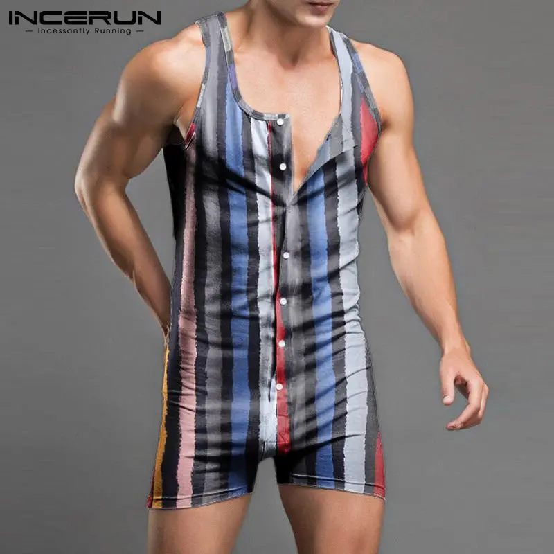 

Летние Для мужчин полосатая Пижама, комбинезон без рукавов с круглым вырезом комплекты Домашняя одежда комбинезон удобная кнопка для отдых...