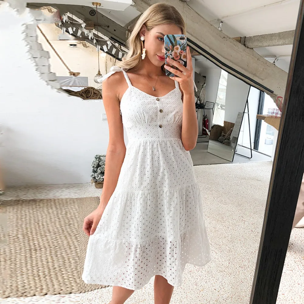 

Simplee Casual white women summer beach dress Bow-knot spaghetti embroidery female midi dress backless holiday dress vestidos