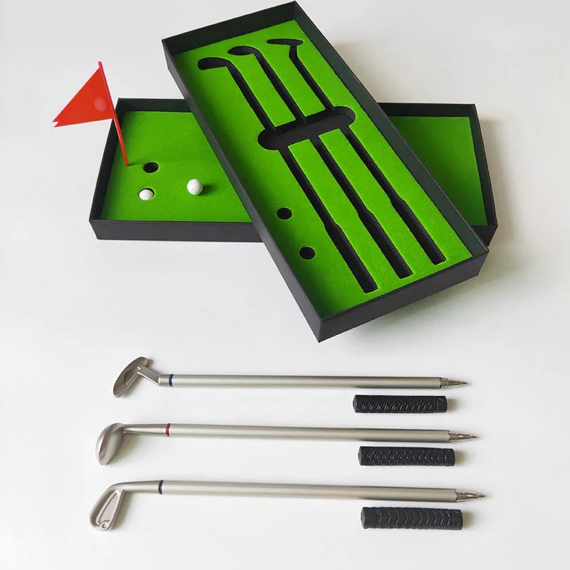 

Golf Clubs Aluminum Alloy Ballpoint Pen Set Mini Desktop Creative Golf Fans Souvenir Christmas Birthday Gift with Flag Balls