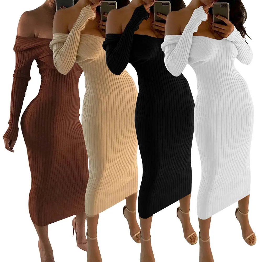 

Women Off Shoulder Knitted Dress Bodycon Stretchy Sweater Dresses Autumn Long Sleeve Sexy Black White Midi Party Vestidos