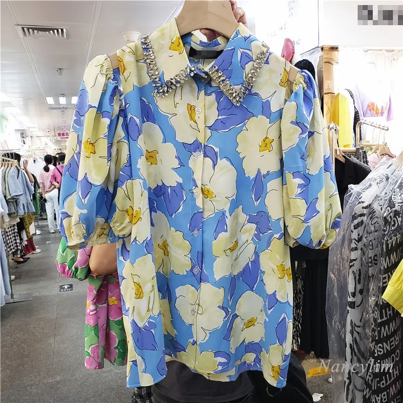 Chemise à revers avec strass pour femme, haut ample à manches mi-longues, multi-boutons, imprimé floral, à la mode, été, 2021