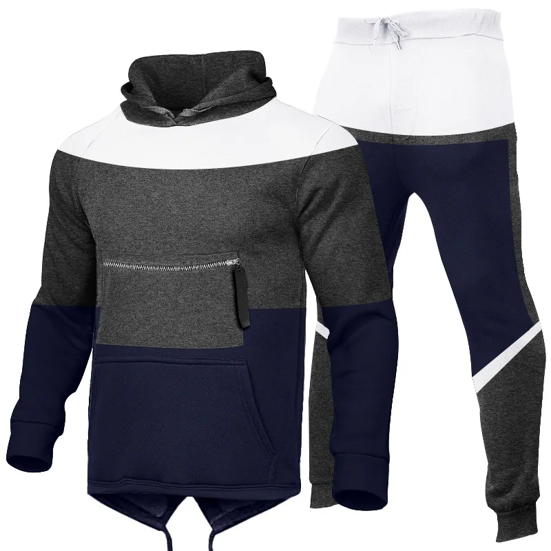 

New Autumn and Winter Plus Cashmere Men's Sports Sweater + Sports Trousers Fashion Multi-splicing Casual Sports Hoodie Suit
