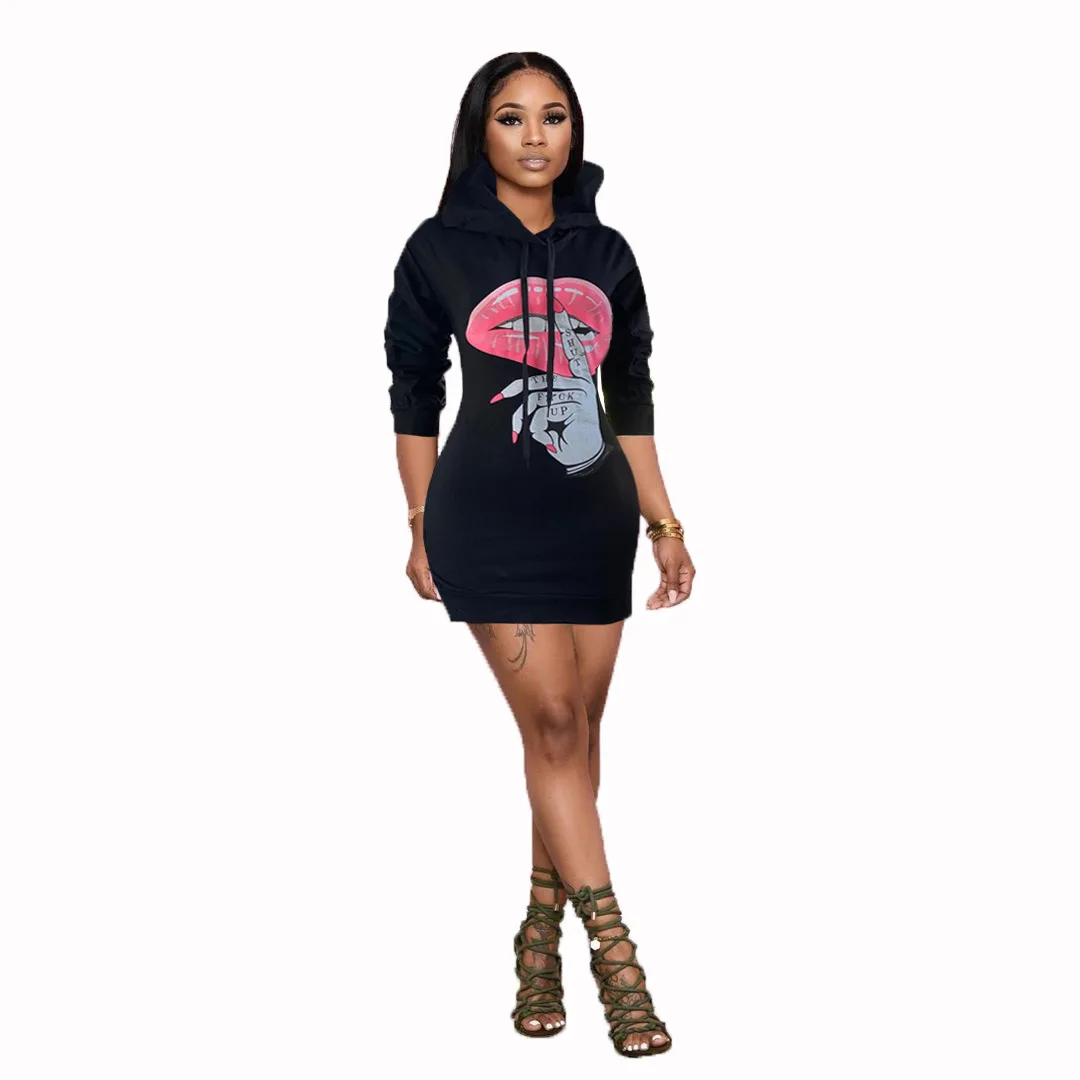 

Solid Color Lip Finger Pattern Print Long Sleeve Slim Hooded Mini Women Dress 2020 Autumn and Winter New Style