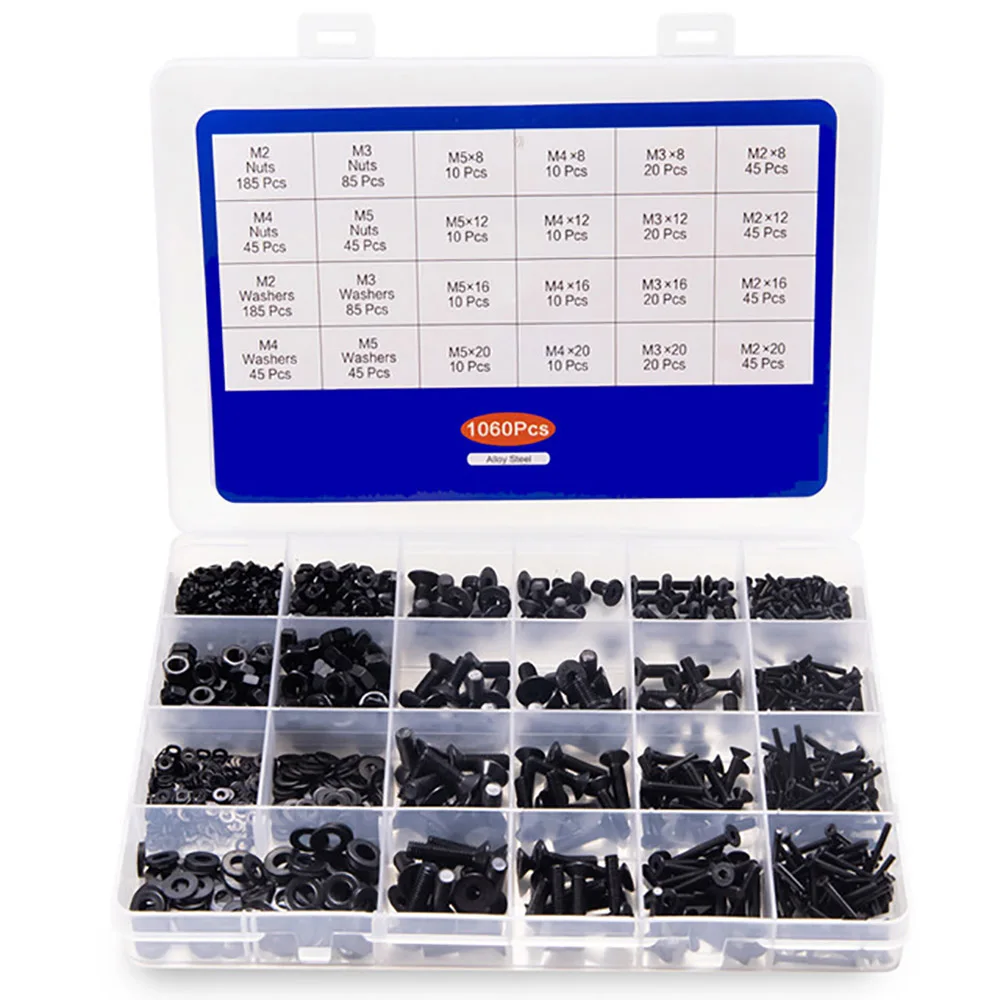 

1060pcs M2 M3 M4 M5 Carbon Steel Hex Socket Screw Sets with Storage Box Flat Round Cap Heads Screw Bolts and Nuts Assortment