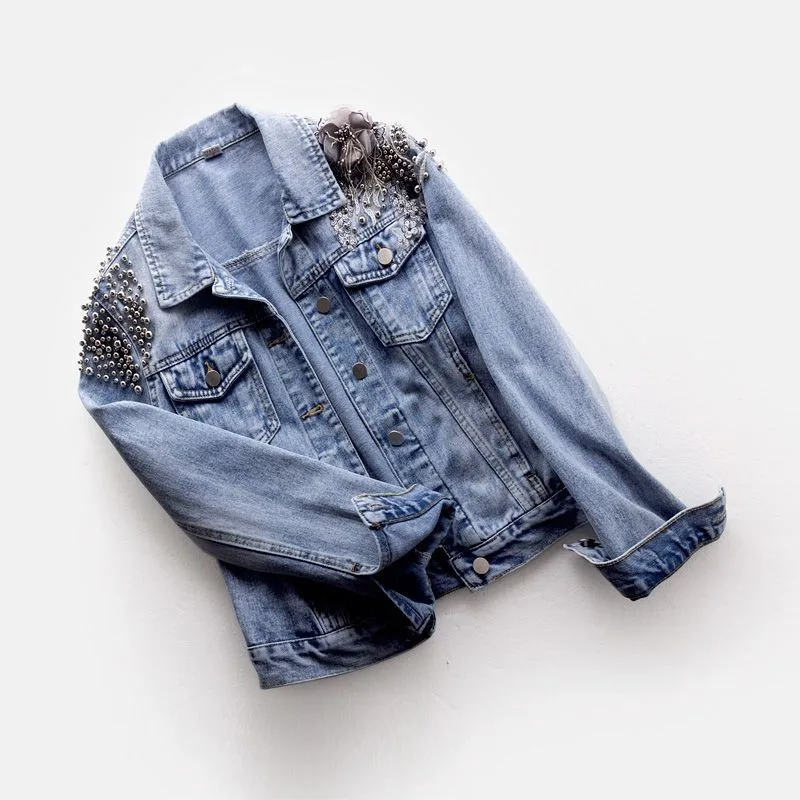 Женская джинсовая куртка новинка весны 2019 короткие куртки с бусинами модные