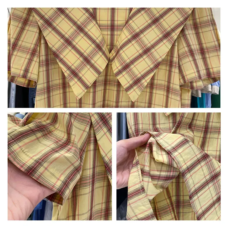 

2021 Summer French Retro Sailor Collar Plaid Ladies Shirt Women Casual Short Sleeve Top Fashion Puff Sleeve Pullover Blouses