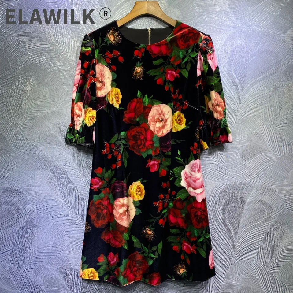 

Spring Autumn Women High quality floral print Velvet dress Hot fashion runways O-neck dress C724