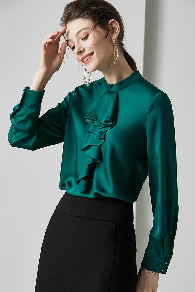 Женские Подиумные рубашки смесь из шелка с круглым вырезом и длинными рукавами