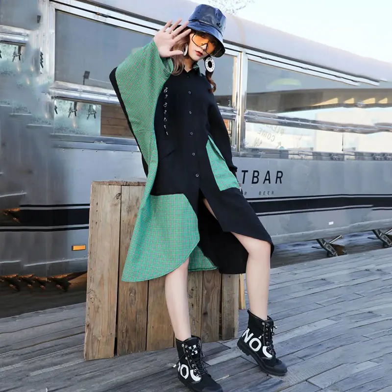 Женское асимметричное платье XITAO однобортное в клетку с длинным рукавом одежда