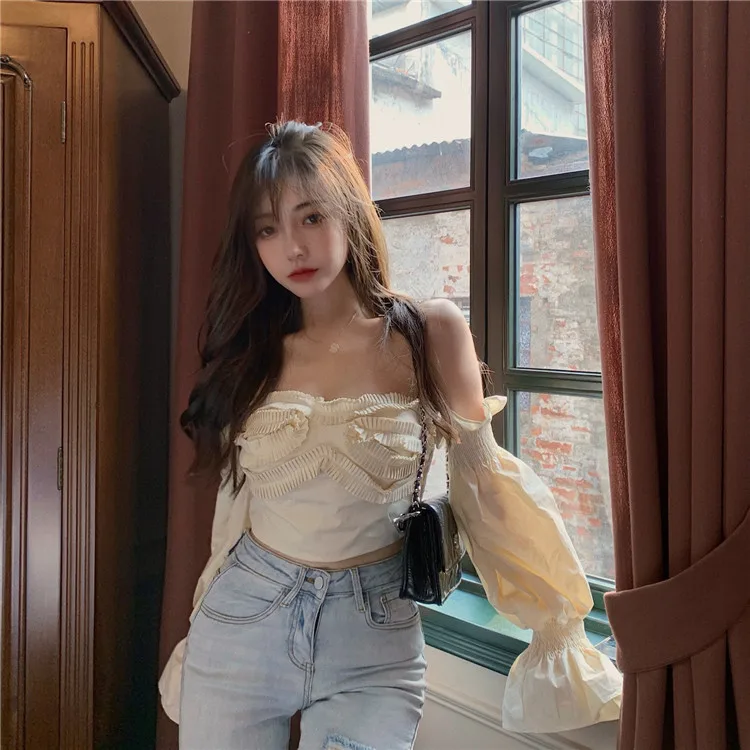 

Korean Slash Neck Sexy Off Shoulder Shirts Women's Clothing Slim Flare Long Sleeve Crop Top New Autumn Fashion Blouses Hipster